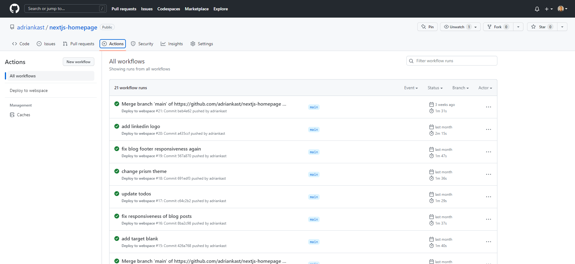 GitHub actions page showing last action executions